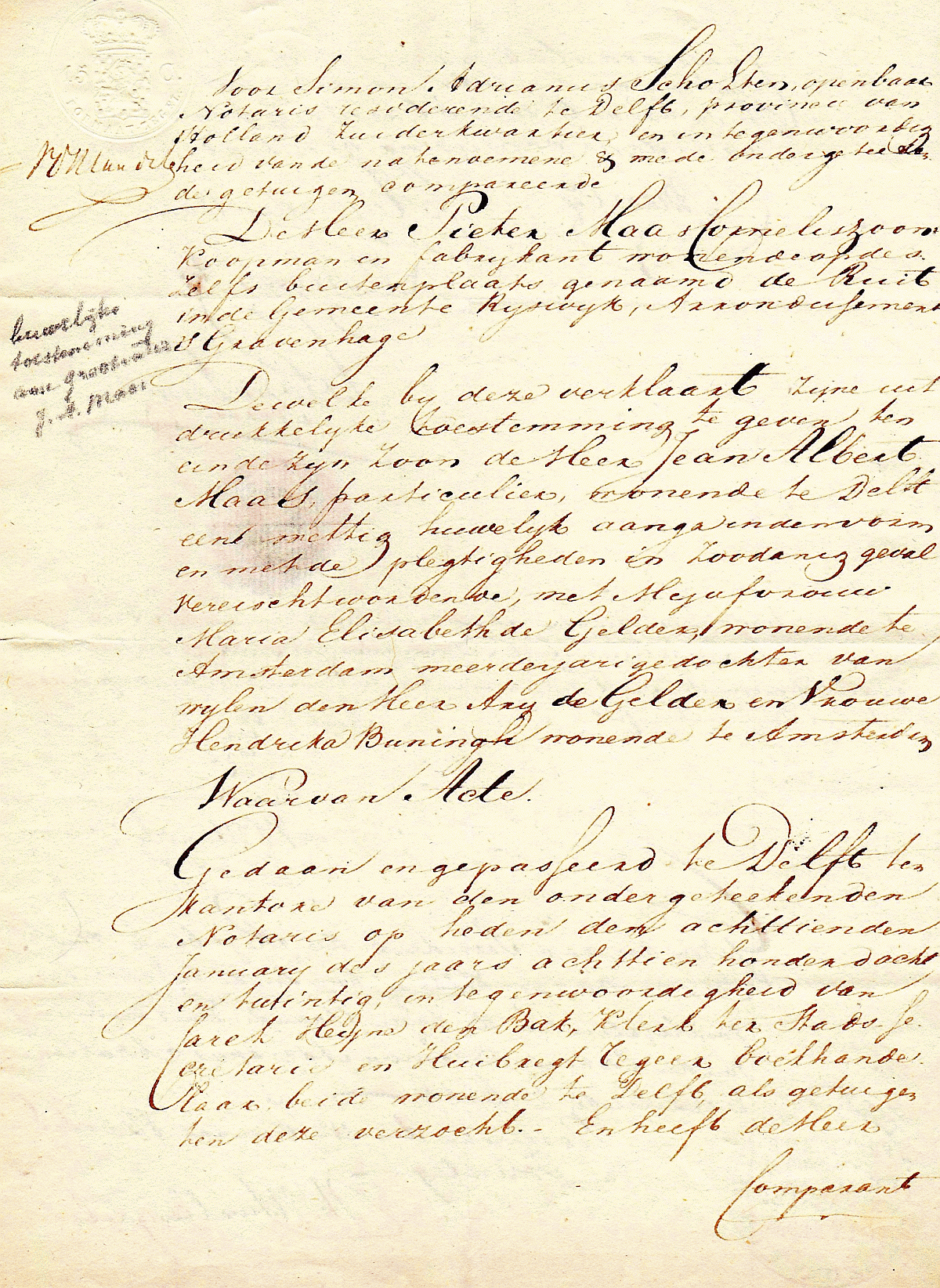 Notariele akte met toestemming van Pieter Maas Czn voor huwelijk van JA Maas met ME de Gelder (1808-01-18)